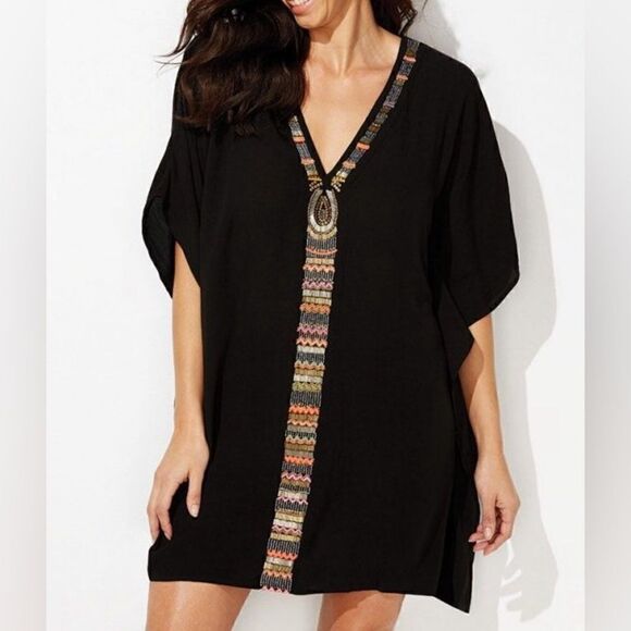 SWIMSUITS FOR ALL SIZE L CLEO BLACK V-NECK PONCHO SWIM COVER UP COLORFUL BEADED - Picture 1 of 11